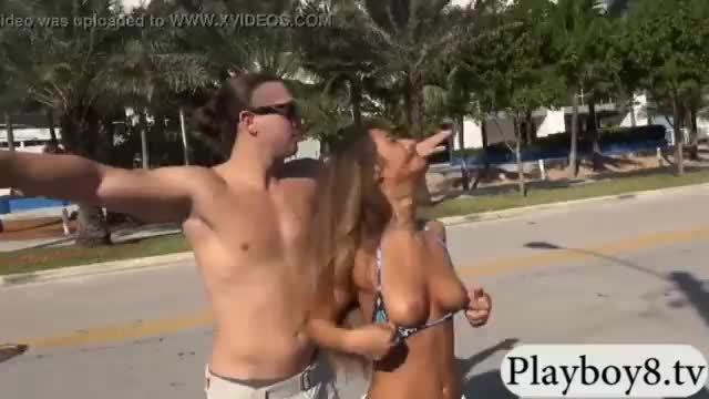 Curvy hotties payed for flashing boobies in public place